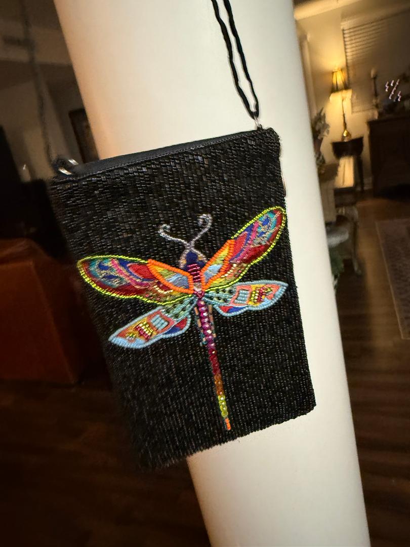 Trending Beaded Bags and Resort Collection - Dragonfly Multi Colored Black Crossbody Bag