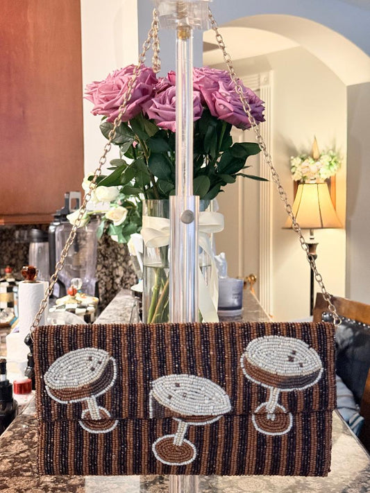 Trending Beaded Bags and Resort Collection - Espresso Martini Crossbody with Gold Chain