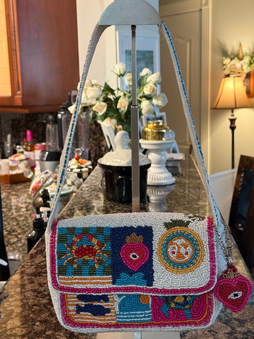 Trending Beaded Bags and Resort Collection - Evil Eye White Patchwork Beaded Shoulder Bag with Heart Bag Charm