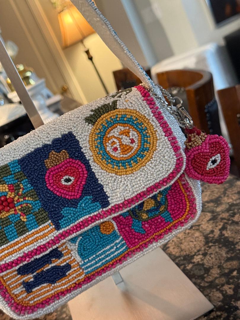Trending Beaded Bags and Resort Collection - Evil Eye White Patchwork Beaded Shoulder Bag with Heart Bag Charm