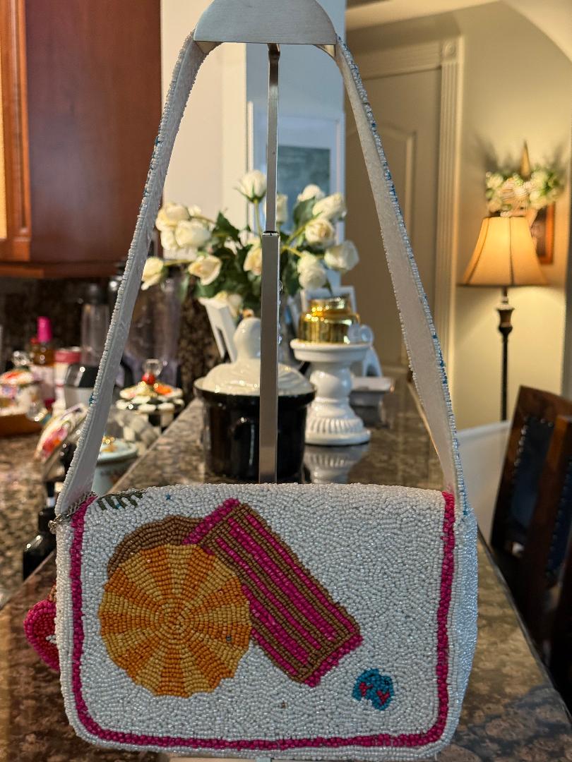 Trending Beaded Bags and Resort Collection - Evil Eye White Patchwork Beaded Shoulder Bag with Heart Bag Charm