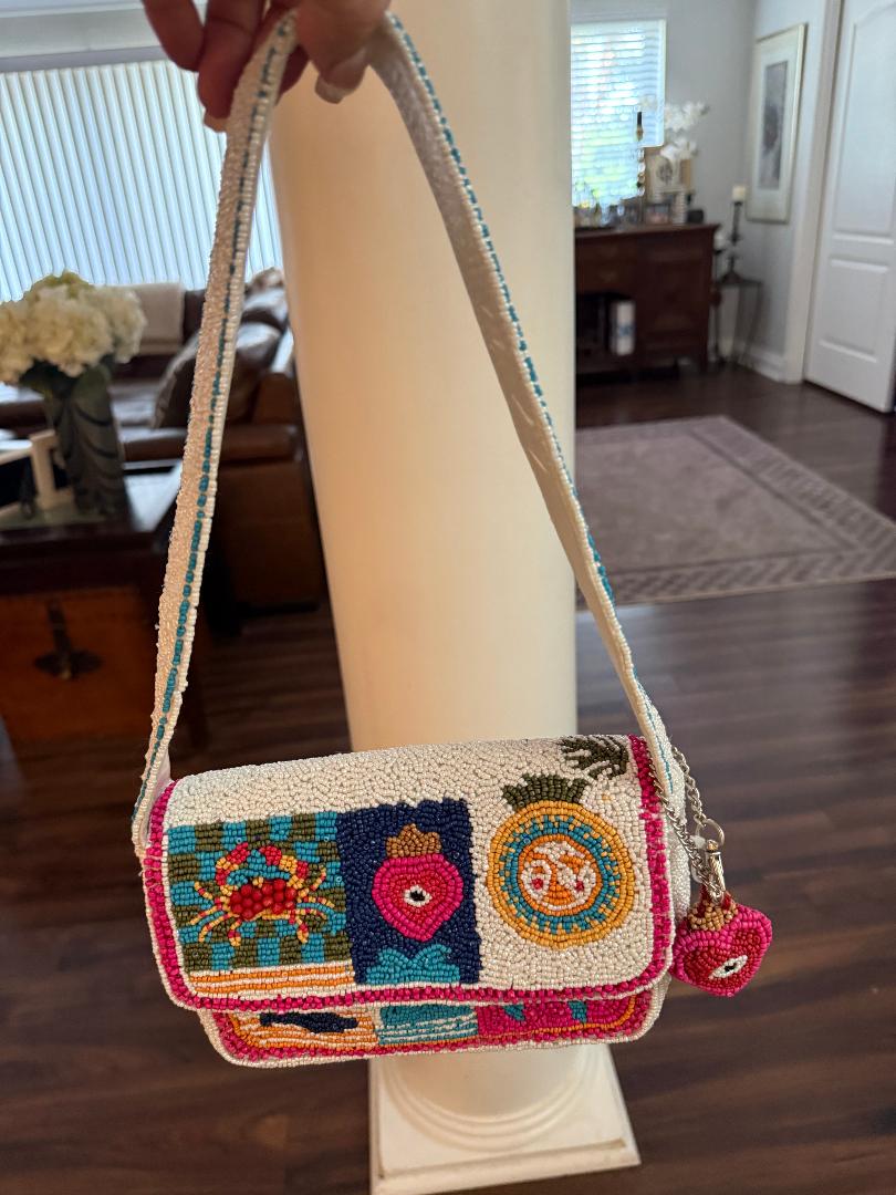 Trending Beaded Bags and Resort Collection - Evil Eye White Patchwork Beaded Shoulder Bag with Heart Bag Charm