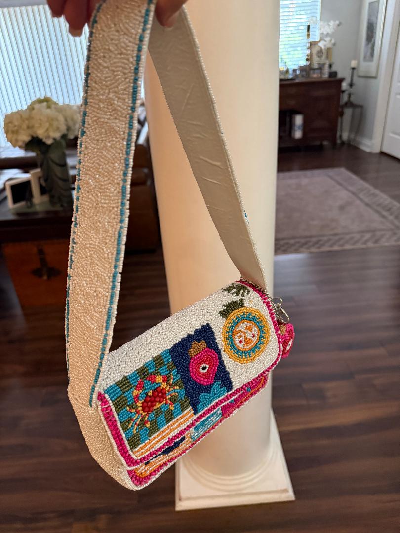 Trending Beaded Bags and Resort Collection - Evil Eye White Patchwork Beaded Shoulder Bag with Heart Bag Charm