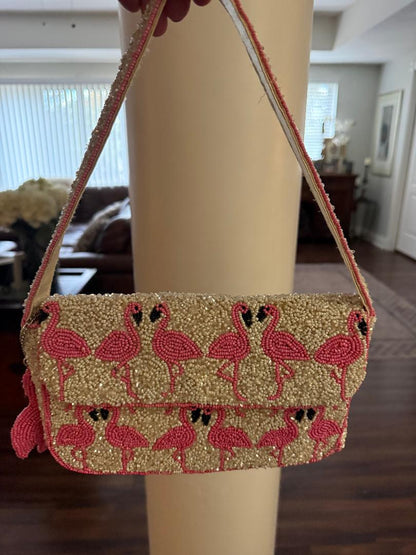 Trending Beaded Bags and Resort Collection - Pink Flamingo Beaded Shoulder Bag with Bag Charm