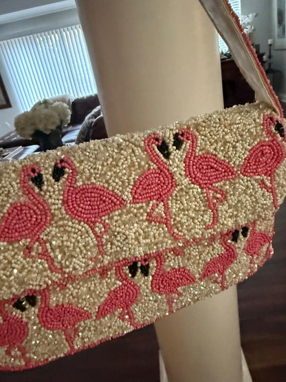 Trending Beaded Bags and Resort Collection - Pink Flamingo Beaded Shoulder Bag with Bag Charm