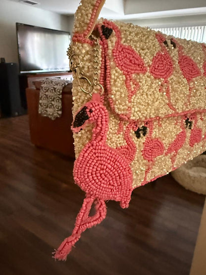 Trending Beaded Bags and Resort Collection - Pink Flamingo Beaded Shoulder Bag with Bag Charm
