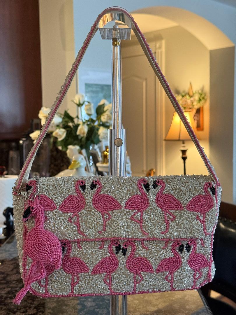 Trending Beaded Bags and Resort Collection - Pink Flamingo Beaded Shoulder Bag with Bag Charm