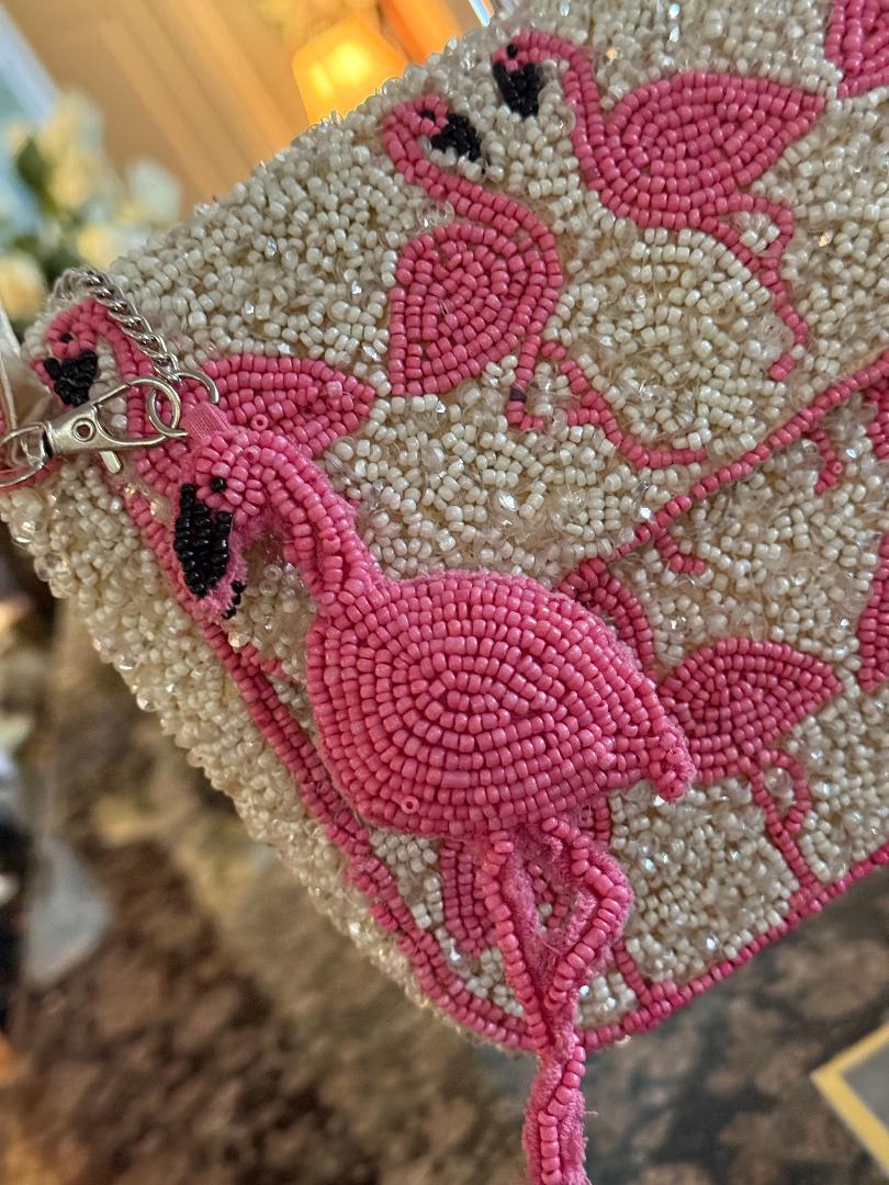 Trending Beaded Bags and Resort Collection - Pink Flamingo Beaded Shoulder Bag with Bag Charm
