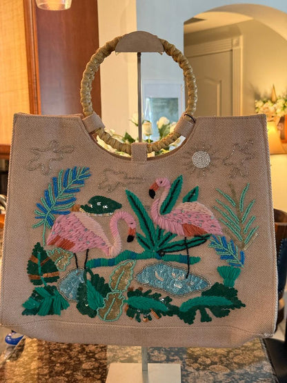 Trending Beaded Bags and Resort Collection - America & Beyond Pink Flamingo Beaded Tote with Bamboo Handles