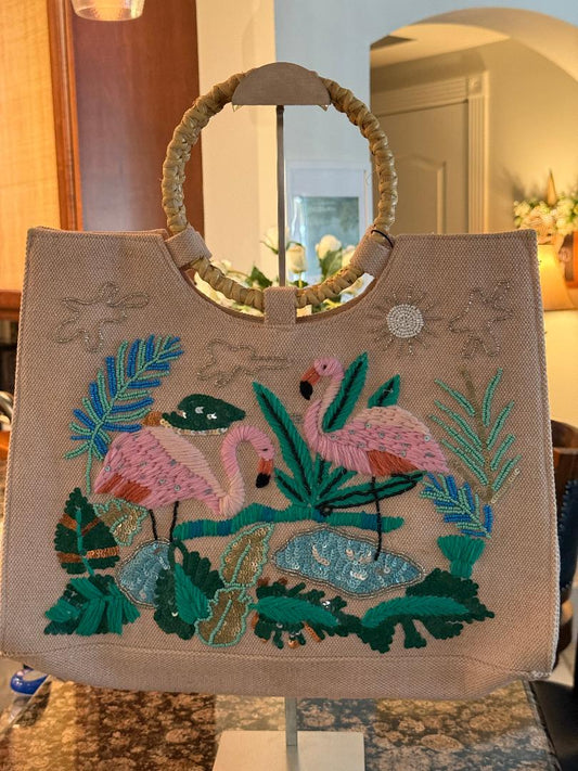 Trending Beaded Bags and Resort Collection - America & Beyond Pink Flamingo Beaded Tote with Bamboo Handles