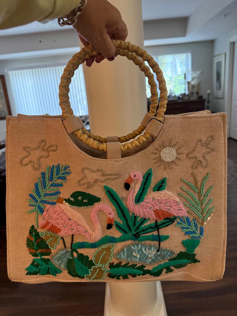 Trending Beaded Bags and Resort Collection - America & Beyond Pink Flamingo Beaded Tote with Bamboo Handles