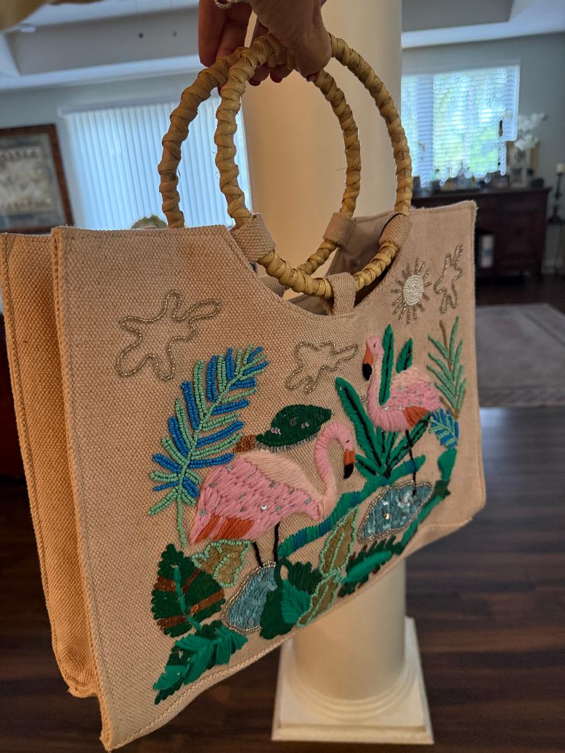 Trending Beaded Bags and Resort Collection - America & Beyond Pink Flamingo Beaded Tote with Bamboo Handles