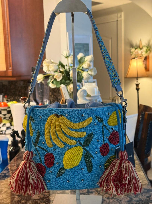 Trending Beaded Bags and Resort Collection - America & Beyond Lush Fruit Beaded Bucket Bag with Tassels