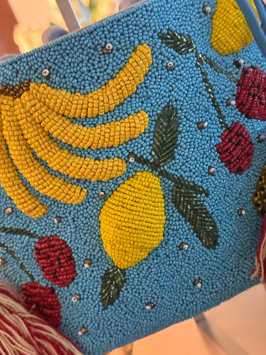 Trending Beaded Bags and Resort Collection - America & Beyond Lush Fruit Beaded Bucket Bag with Tassels