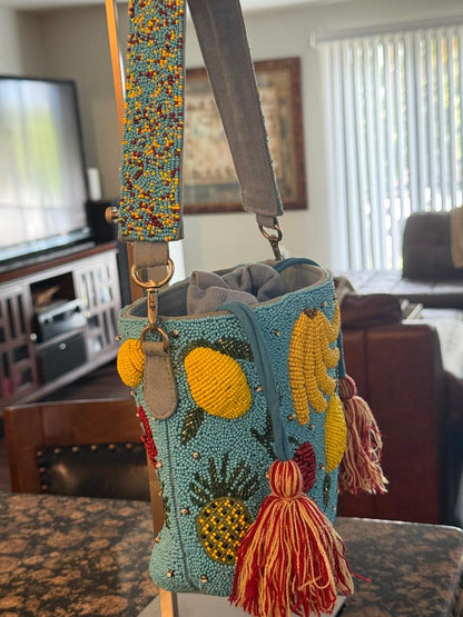 Trending Beaded Bags and Resort Collection - America & Beyond Lush Fruit Beaded Bucket Bag with Tassels