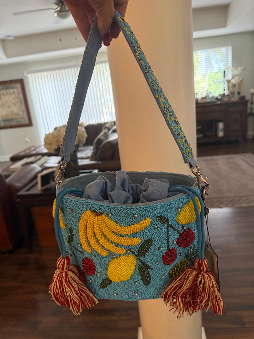 Trending Beaded Bags and Resort Collection - America & Beyond Lush Fruit Beaded Bucket Bag with Tassels