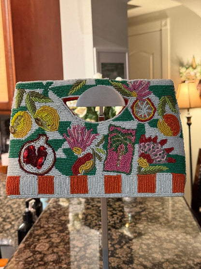 Trending Beaded Bags and Resort Collection - Mediterranean Checkered Fruit Summer Beaded Clutch