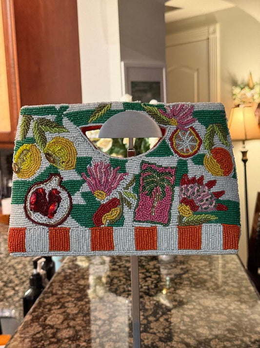 Trending Beaded Bags and Resort Collection - Mediterranean Checkered Fruit Summer Beaded Clutch
