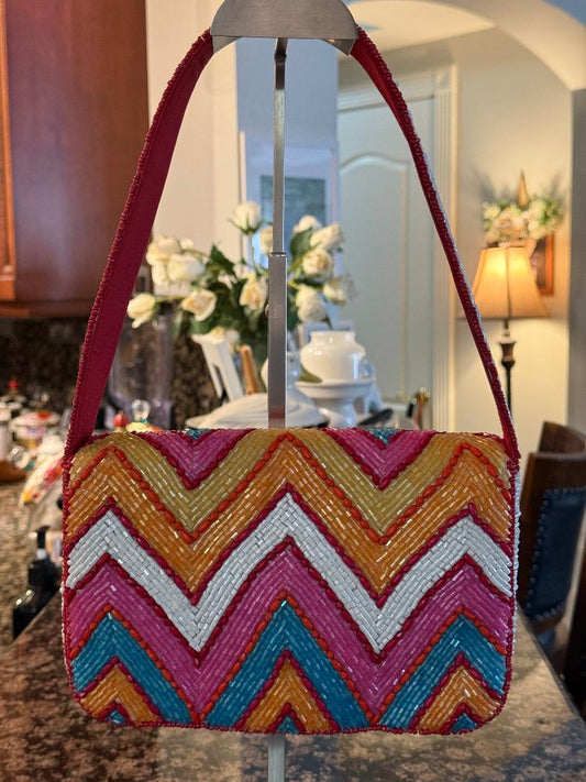 Trending Beaded Bags and Resort Collection - Multi Colored Chevron Beaded Shoulder Bag