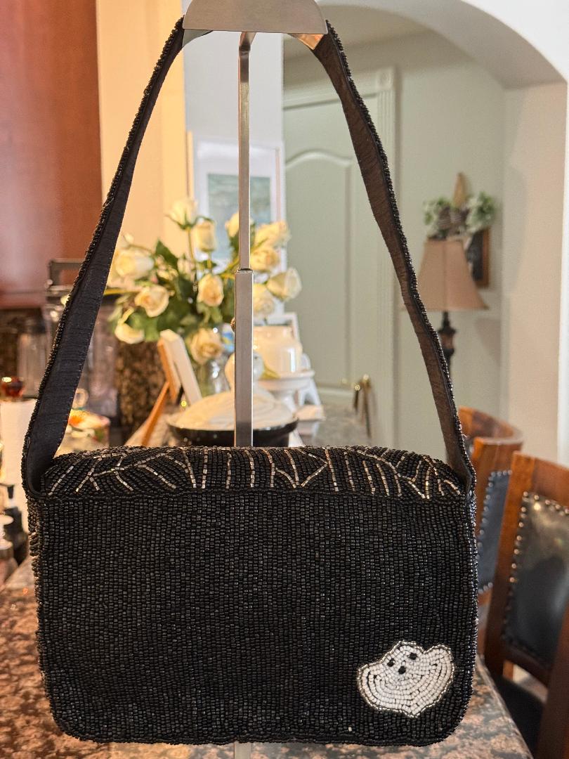 Trending Beaded Bags and Resort Collection - Black & White Ghost Beaded Shoulder Bag