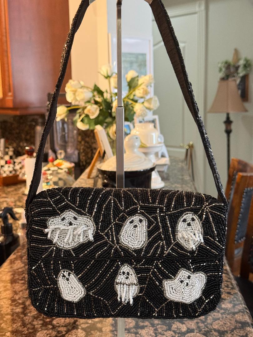 Trending Beaded Bags and Resort Collection - Black & White Ghost Beaded Shoulder Bag