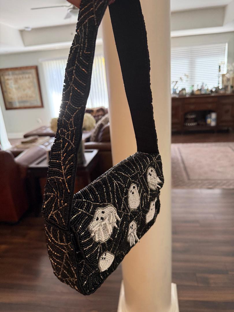 Trending Beaded Bags and Resort Collection - Black & White Ghost Beaded Shoulder Bag