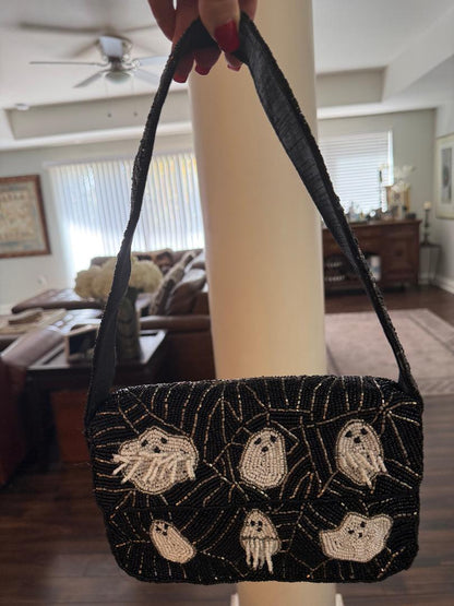 Trending Beaded Bags and Resort Collection - Black & White Ghost Beaded Shoulder Bag