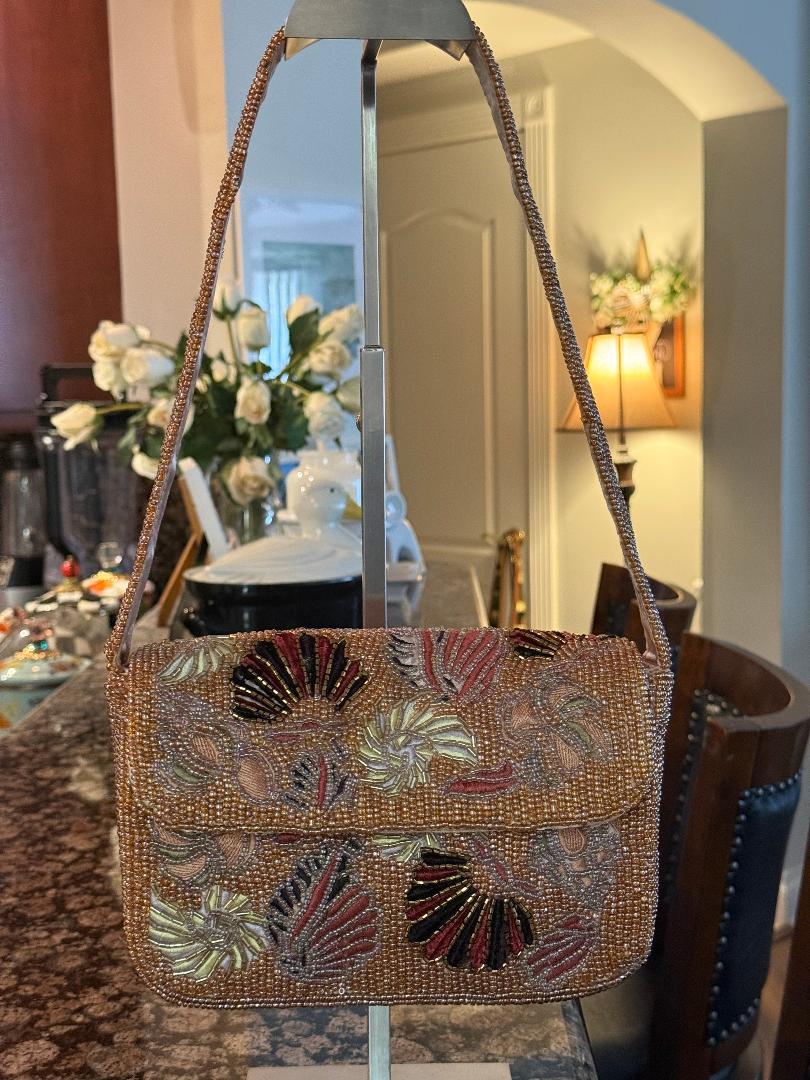 Trending Beaded Bags and Resort Collection - Rose Gold Fan-Inspired Beaded Shoulder Bag
