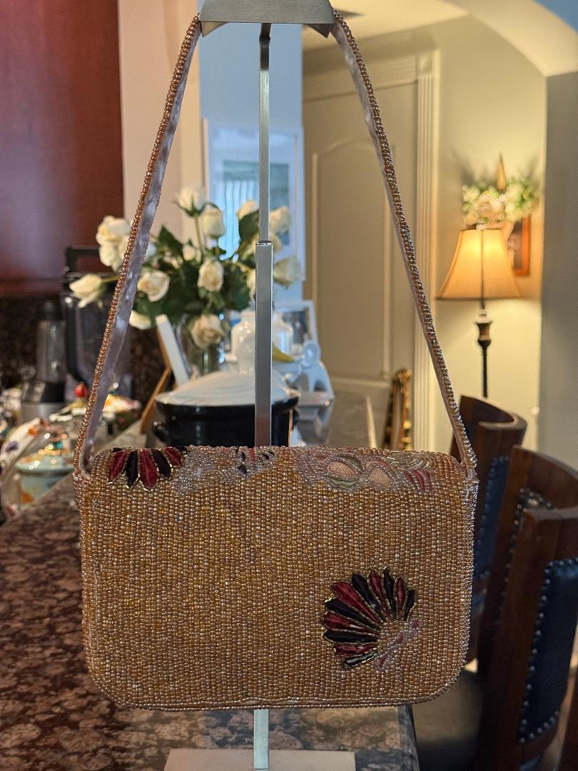 Trending Beaded Bags and Resort Collection - Rose Gold Fan-Inspired Beaded Shoulder Bag