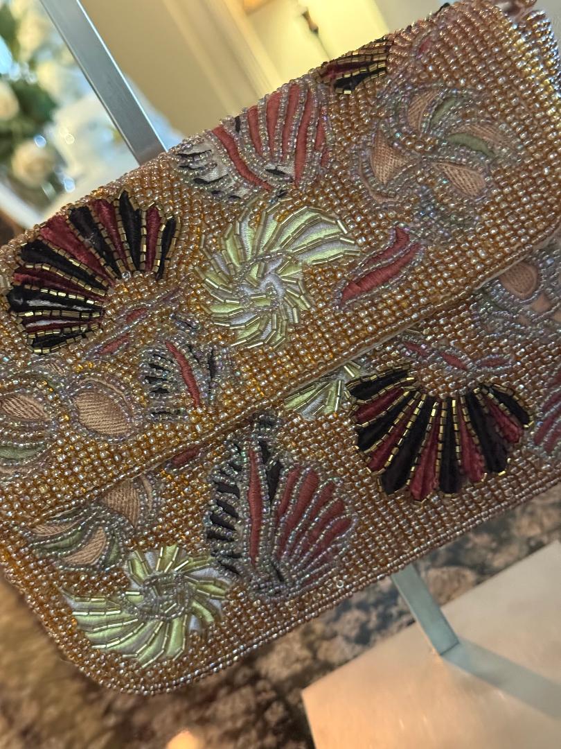Trending Beaded Bags and Resort Collection - Rose Gold Fan-Inspired Beaded Shoulder Bag