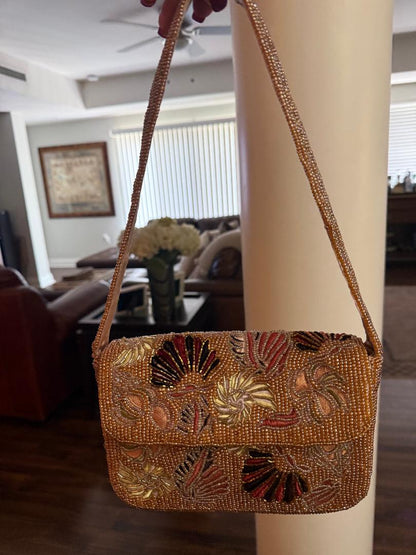Trending Beaded Bags and Resort Collection - Rose Gold Fan-Inspired Beaded Shoulder Bag