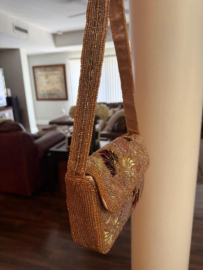 Trending Beaded Bags and Resort Collection - Rose Gold Fan-Inspired Beaded Shoulder Bag