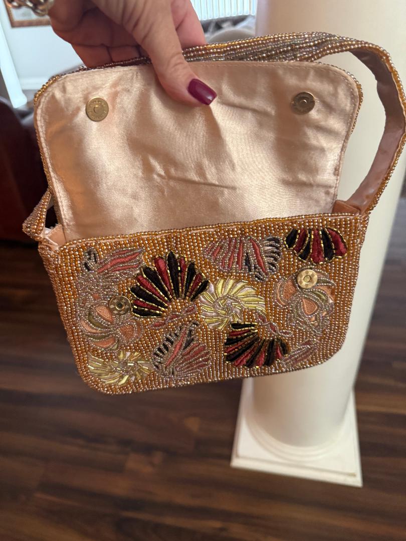 Trending Beaded Bags and Resort Collection - Rose Gold Fan-Inspired Beaded Shoulder Bag