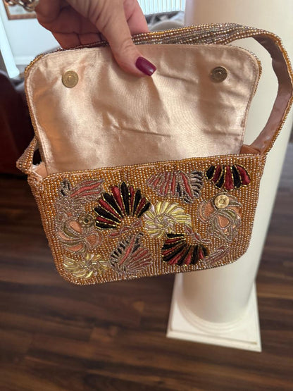 Trending Beaded Bags and Resort Collection - Rose Gold Fan-Inspired Beaded Shoulder Bag