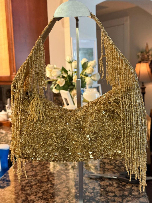 Trending Beaded Bags and Resort Collection - Gold Fringe Beaded Shoulder Bag