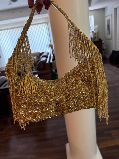 Trending Beaded Bags and Resort Collection - Gold Fringe Beaded Shoulder Bag