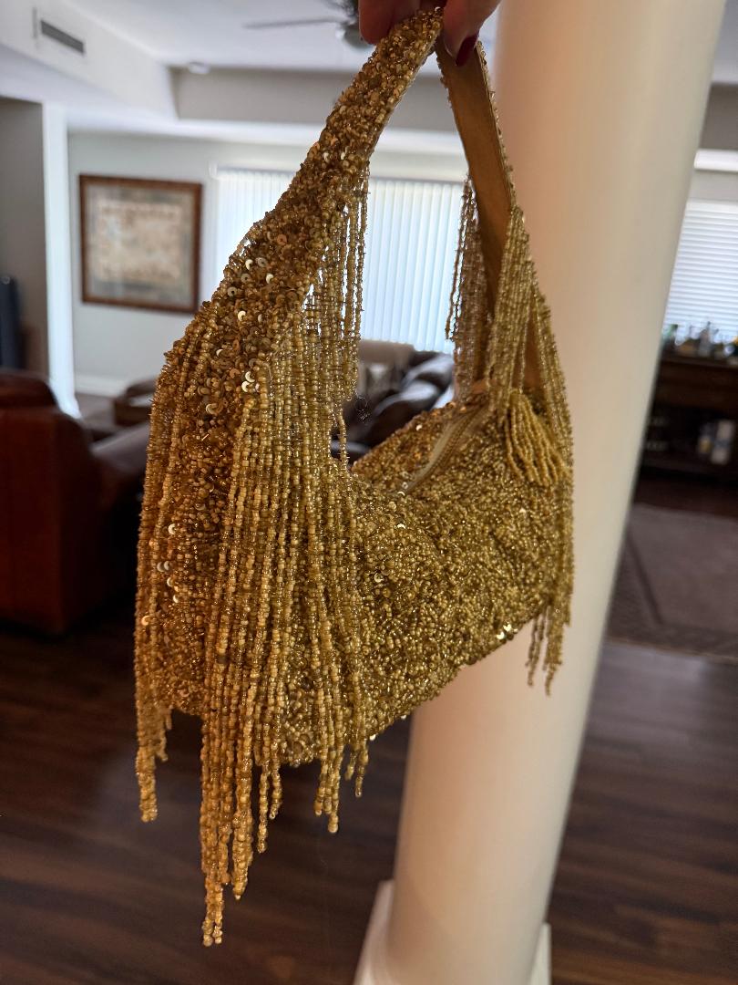 Trending Beaded Bags and Resort Collection - Gold Fringe Beaded Shoulder Bag