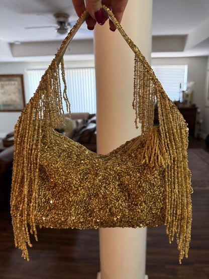 Trending Beaded Bags and Resort Collection - Gold Fringe Beaded Shoulder Bag