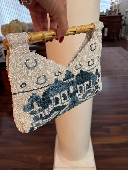 Trending Beaded Bags and Resort Collection - Blue Santorini Greece Bamboo Handle Clutch