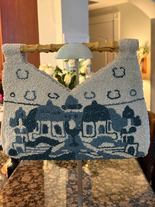 Trending Beaded Bags and Resort Collection - Blue Santorini Greece Bamboo Handle Clutch