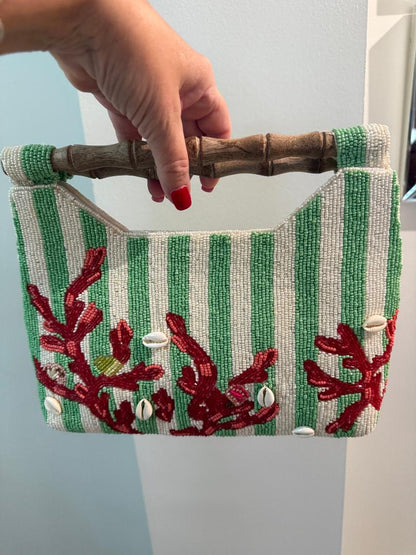 Trending Beaded Bags and Resort Collection - Green Striped Coral Reef w/ Bamboo Handle