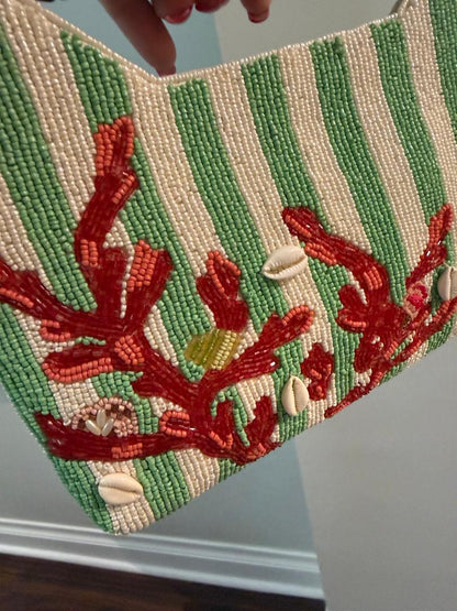 Trending Beaded Bags and Resort Collection - Green Striped Coral Reef w/ Bamboo Handle