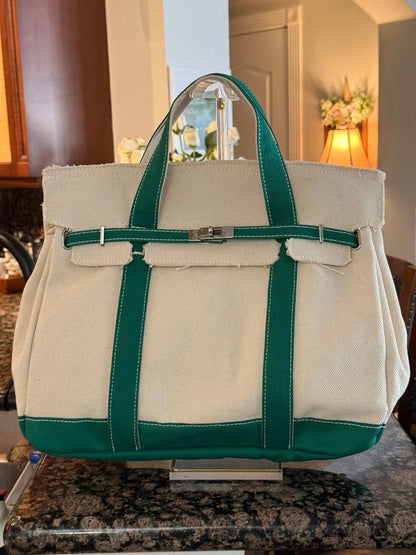 Trending Beaded Bags and Resort Collection - BOATKIN MEDIUM Green/White Canvas Tote Bag