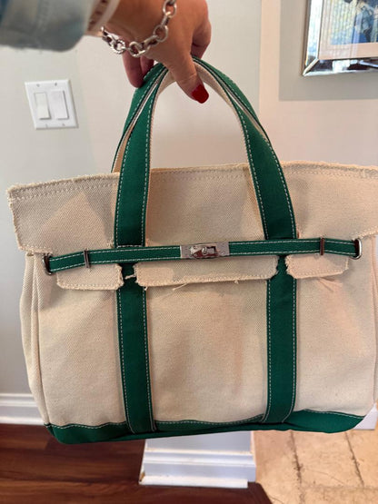 Trending Beaded Bags and Resort Collection - BOATKIN MEDIUM Green/White Canvas Tote Bag
