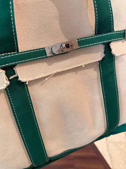 Trending Beaded Bags and Resort Collection - BOATKIN MEDIUM Green/White Canvas Tote Bag