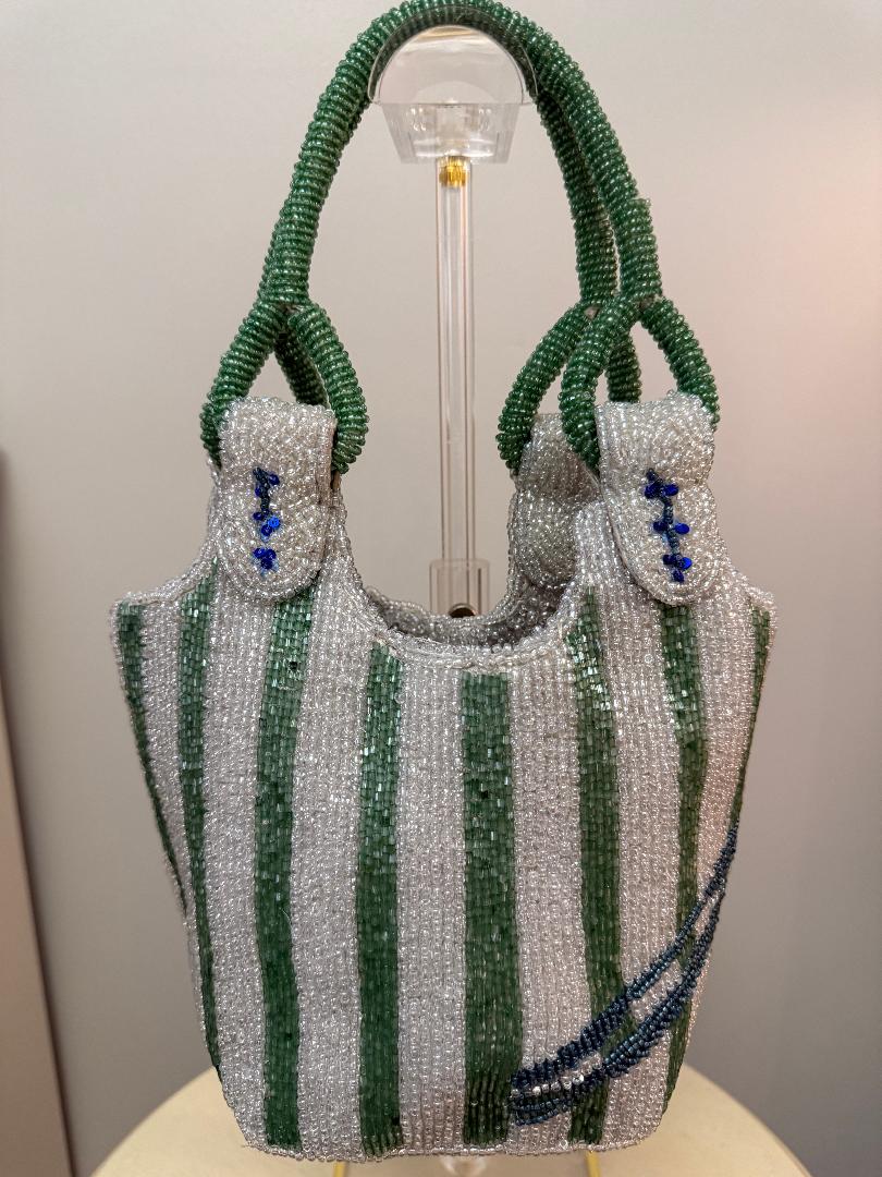 Trending Beaded Bags and Resort Collection - Sardine Striped Blue & Green Top Handle
