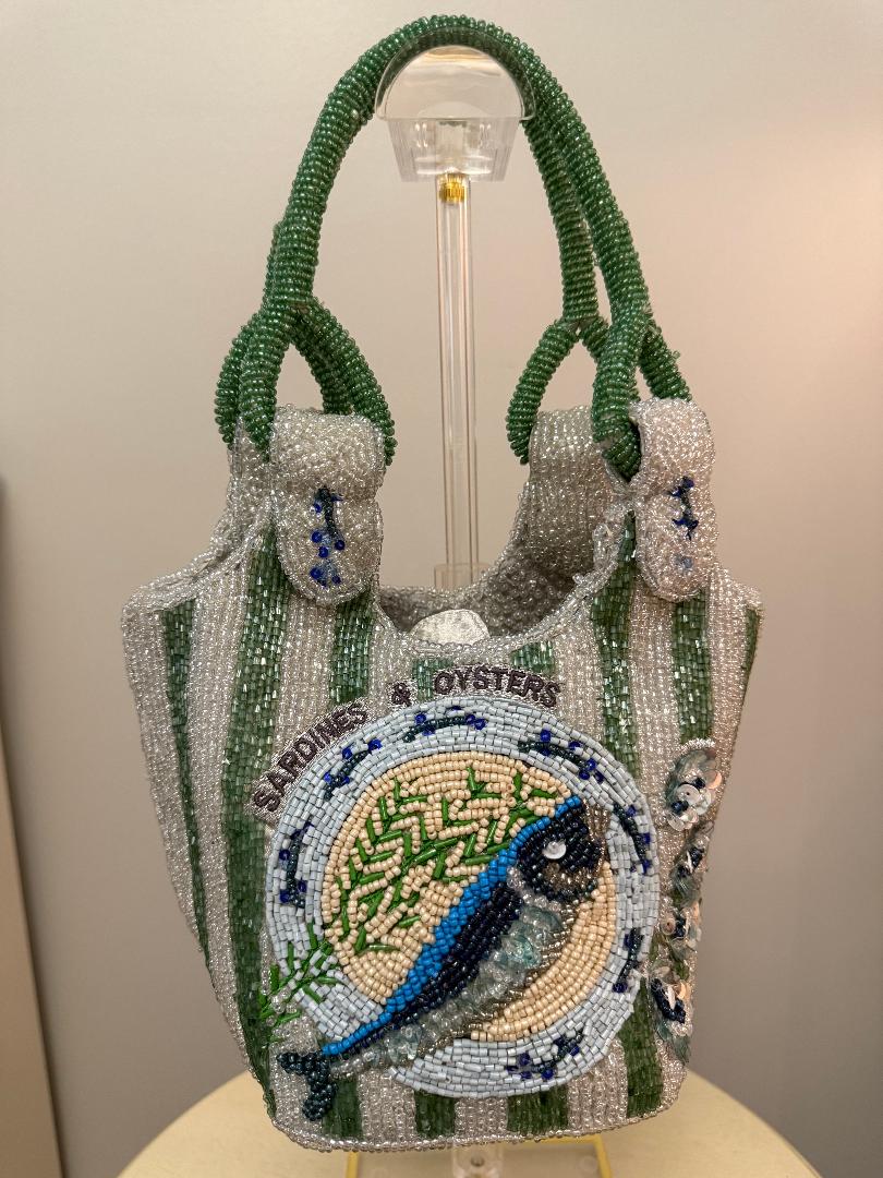 Trending Beaded Bags and Resort Collection - Sardine Striped Blue & Green Top Handle