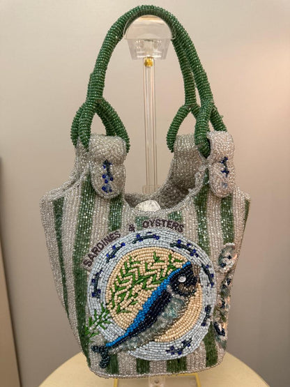 Trending Beaded Bags and Resort Collection - Sardine Striped Blue & Green Top Handle