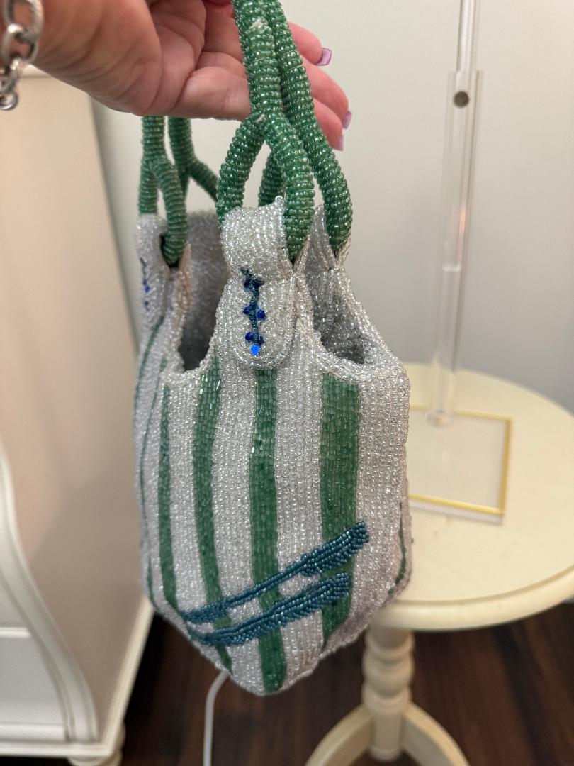 Trending Beaded Bags and Resort Collection - Sardine Striped Blue & Green Top Handle