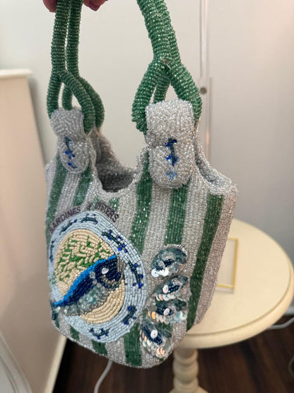 Trending Beaded Bags and Resort Collection - Sardine Striped Blue & Green Top Handle